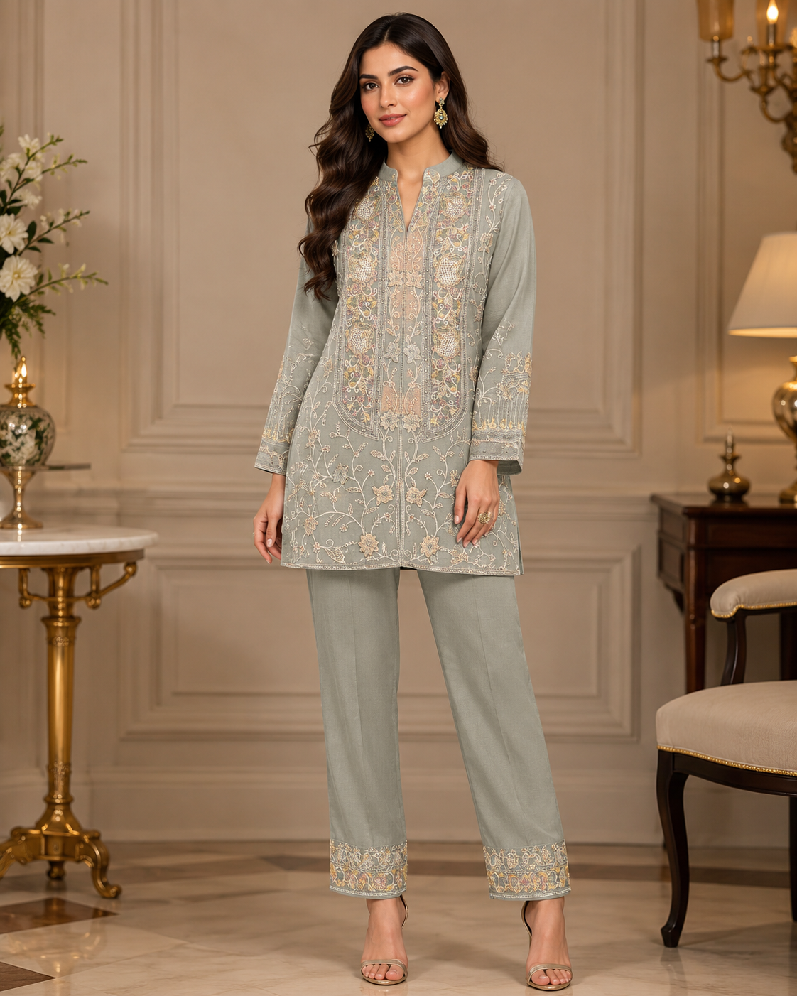 Sage embroidered kurta and pant set alternate view