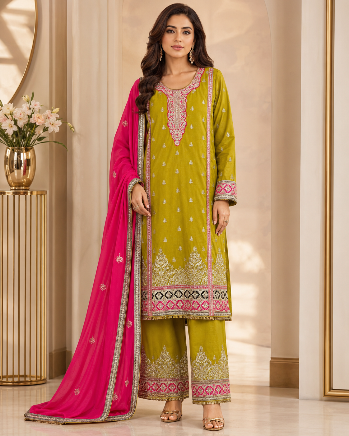 Olive green embroidered suit with pink dupatta detail