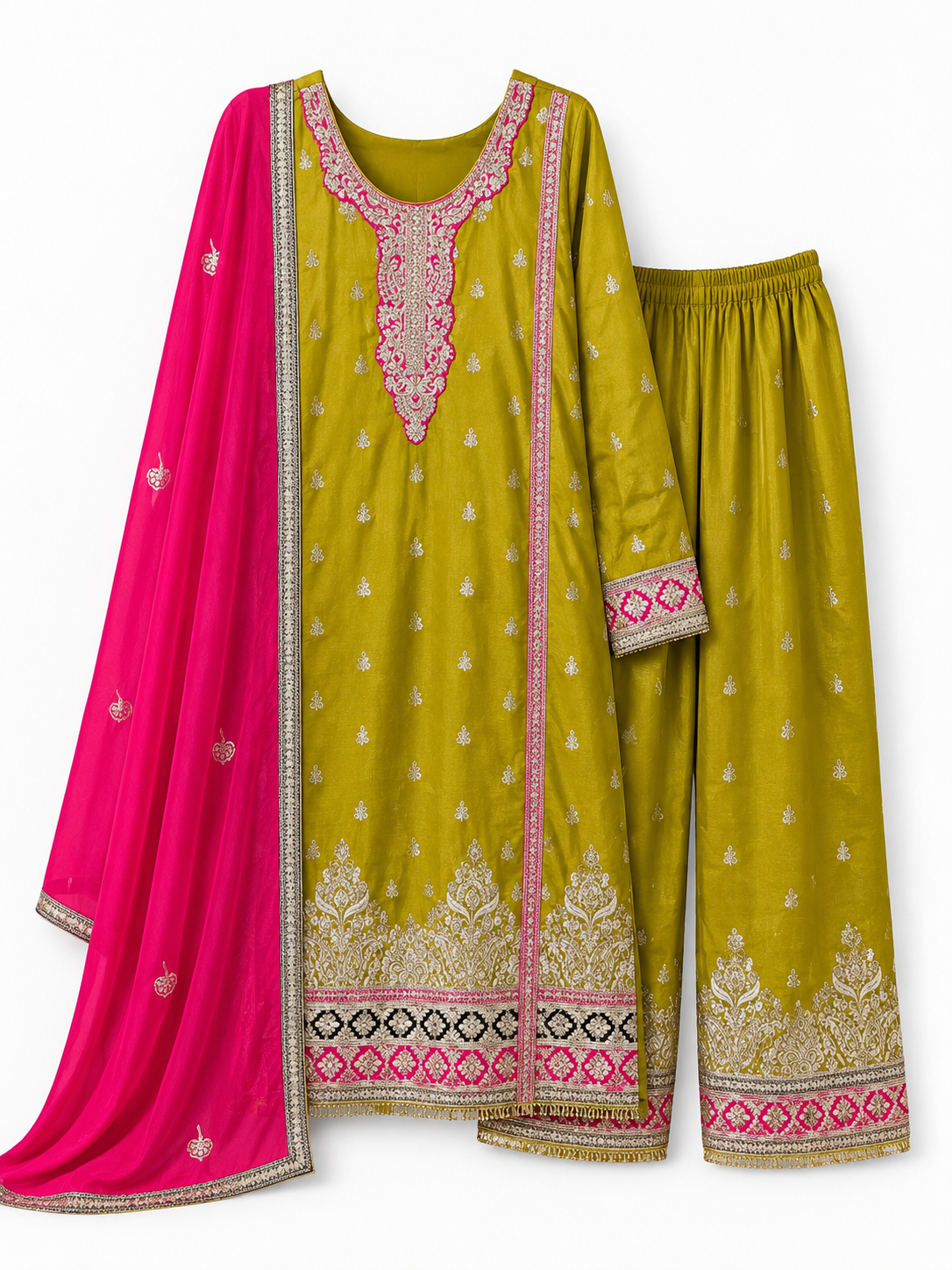 Olive green embroidered suit with pink dupatta