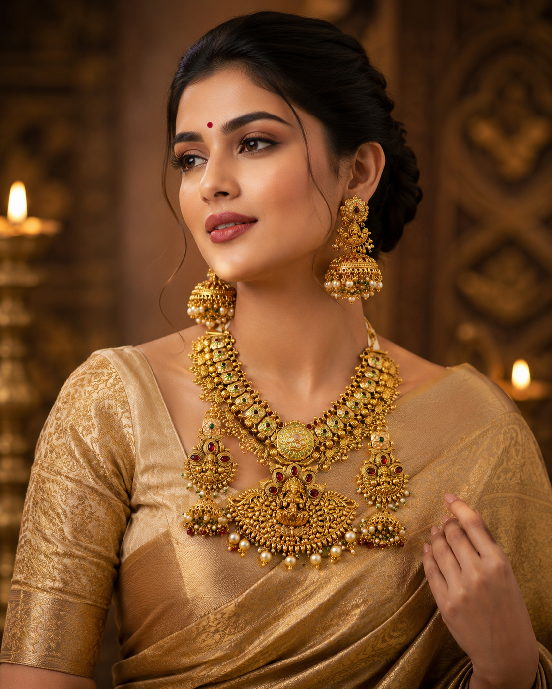 Gold-tone Lakshmi Kundan necklace and jhumka set