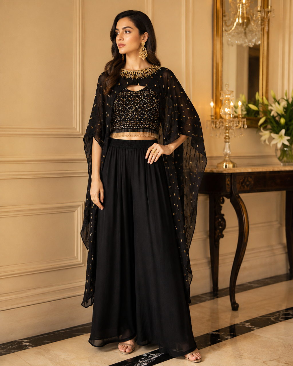 Black and gold embellished three-piece party set