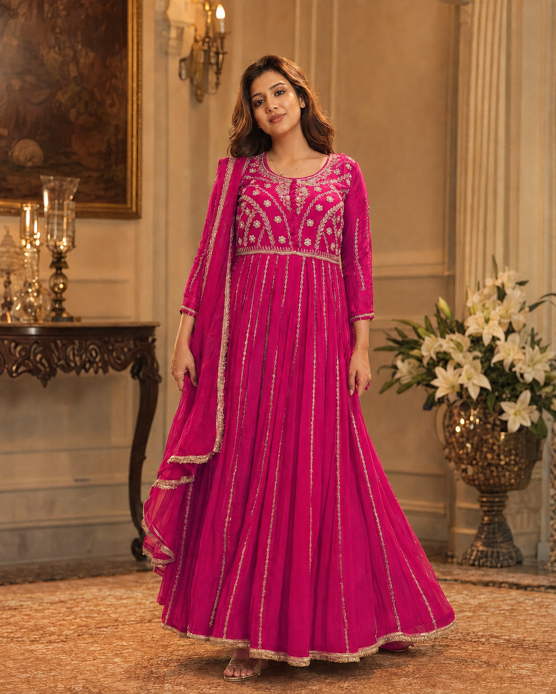 Anarkali dress gold floral embroidery detail