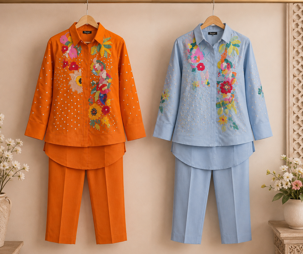 Floral embroidered co-ord top and straight pants detail