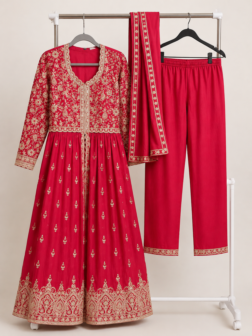 Red and gold Anarkali suit embroidery detail