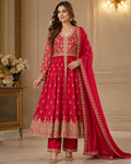 Red and gold embroidered three-piece Anarkali suit