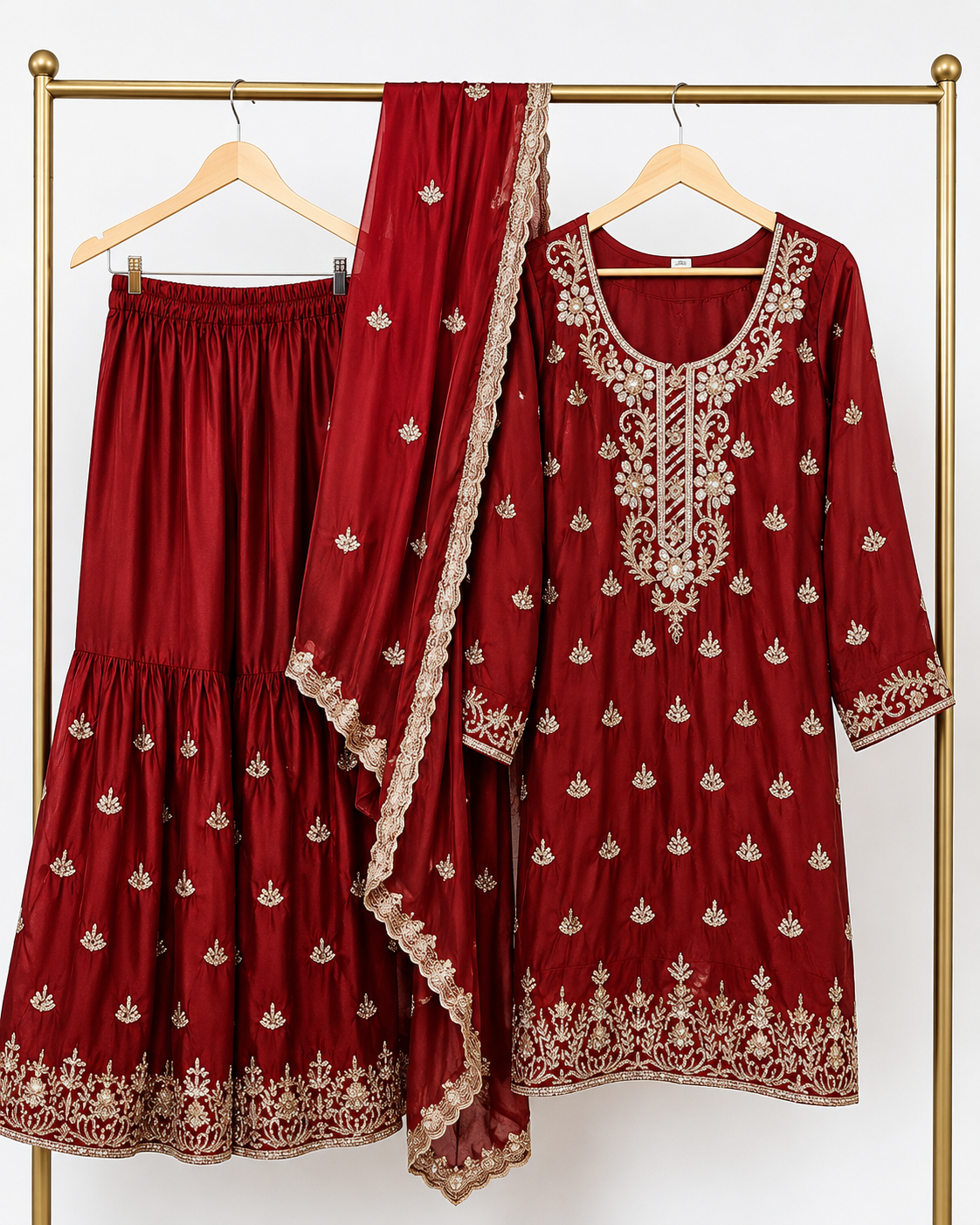 Maroon embroidered three-piece sharara suit