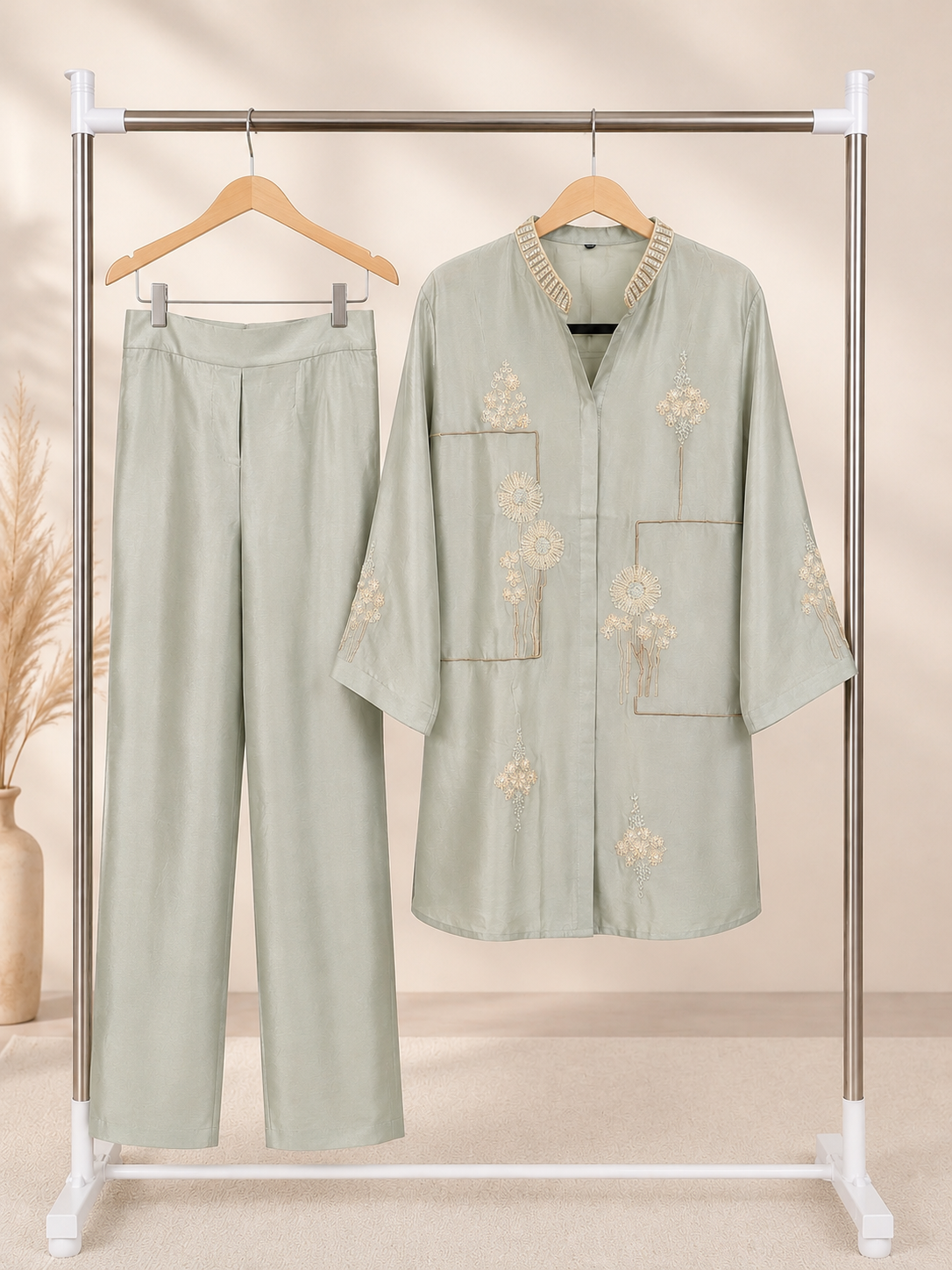 Sage green kurta and straight pants alternate view