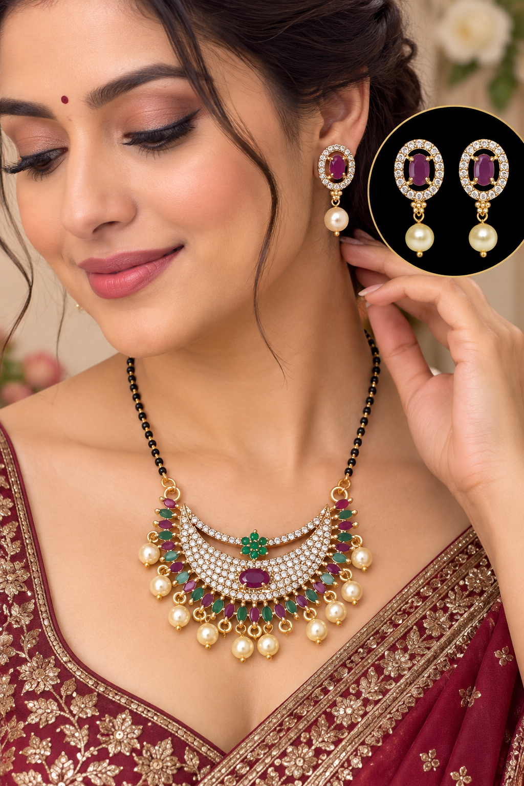 Multicolor pearl mangalsutra necklace and earring set