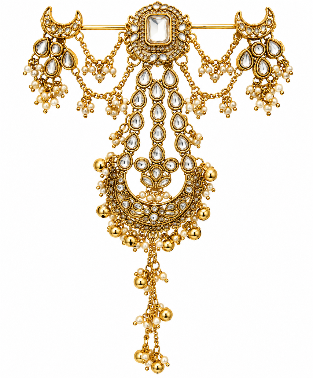 Kundan bridal bun accessory pearl drop and chain detail