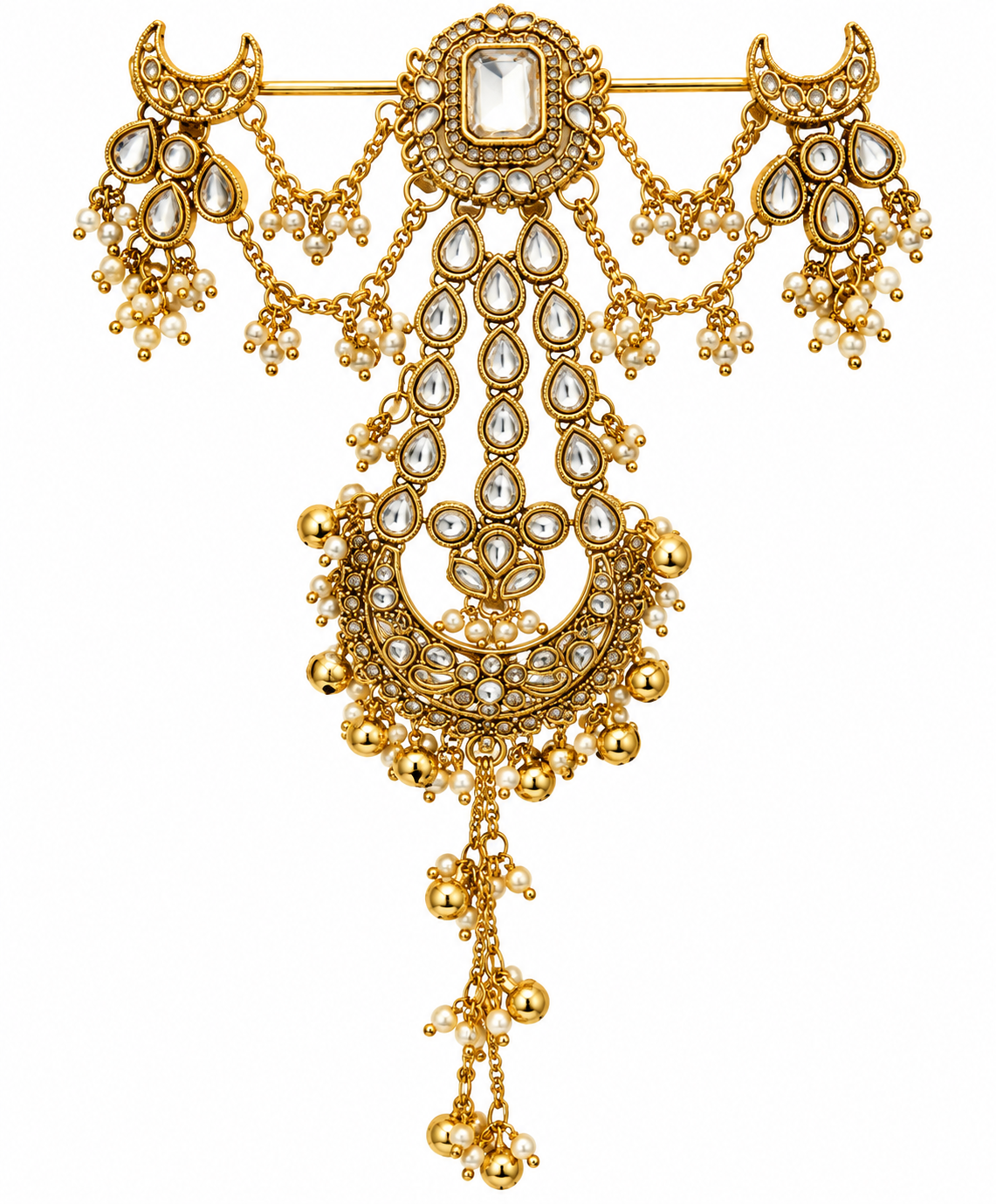 Kundan bridal bun accessory pearl drop and chain detail