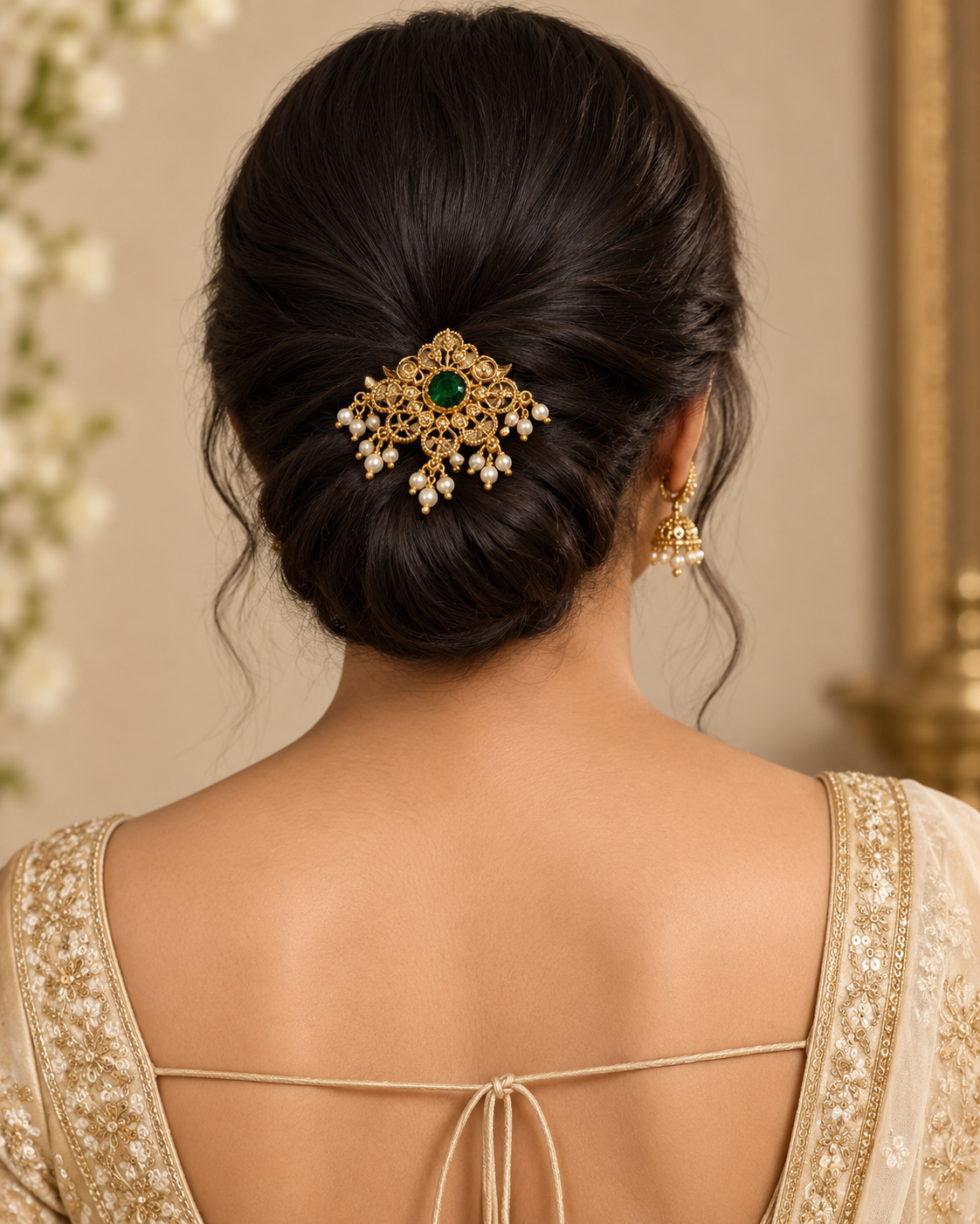 Gold-tone emerald and pearl hair clip