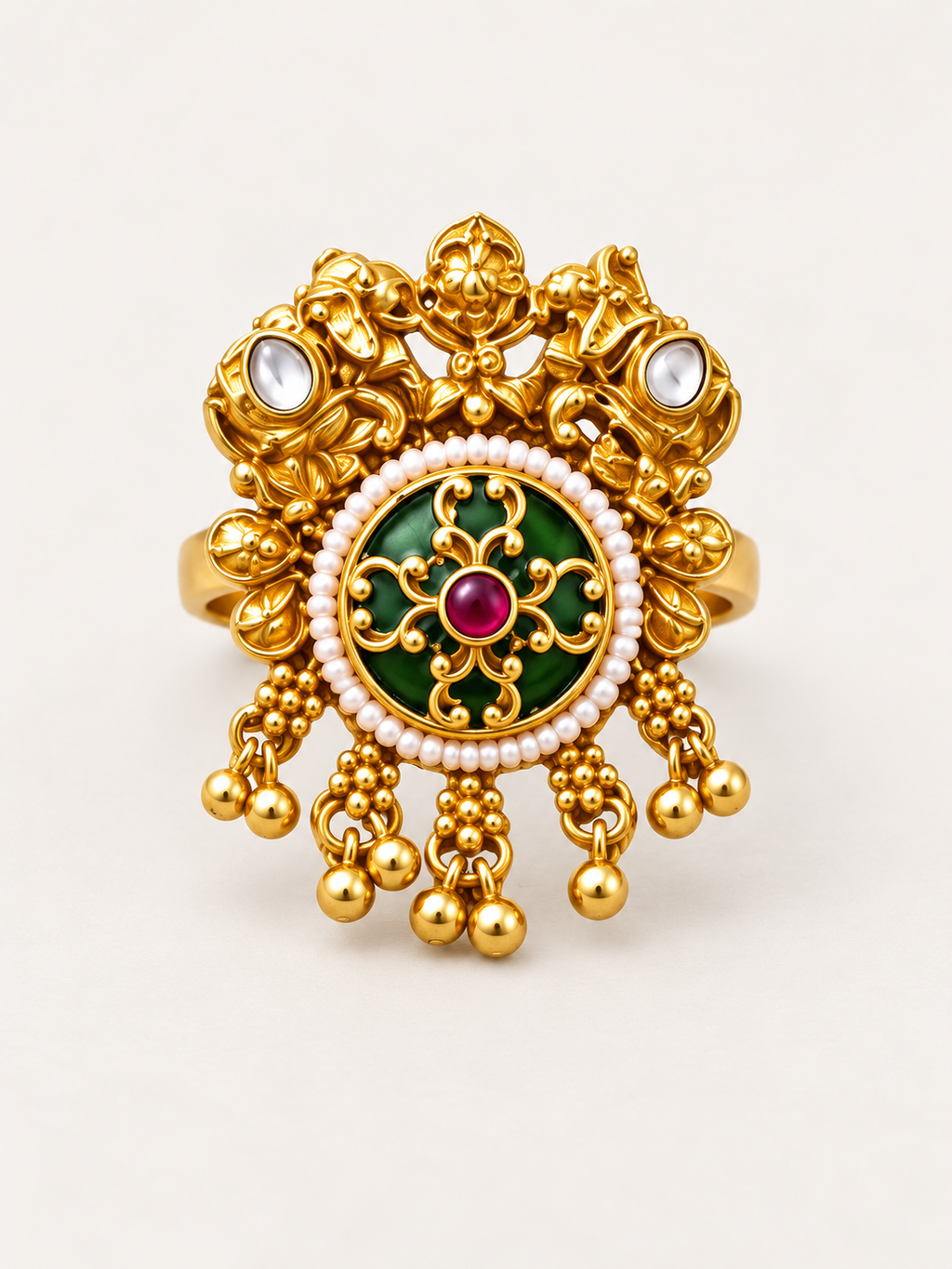 Green and gold statement ring with pearl accents detail view