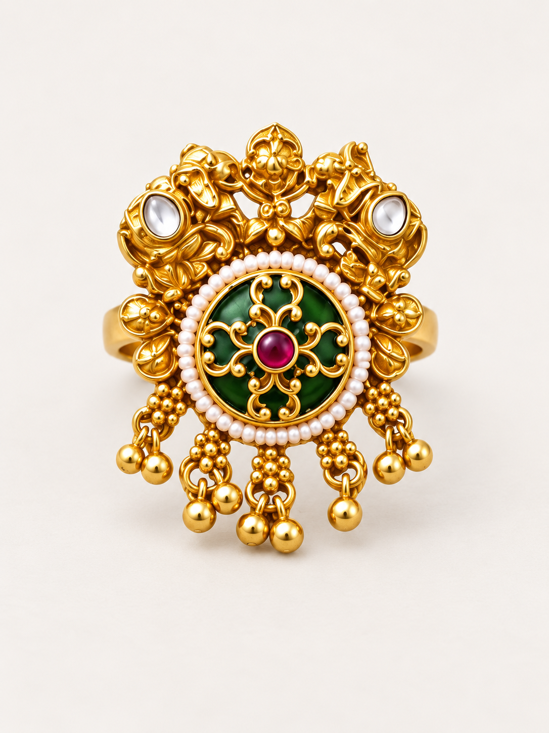Green and gold statement ring with pearl accents detail view