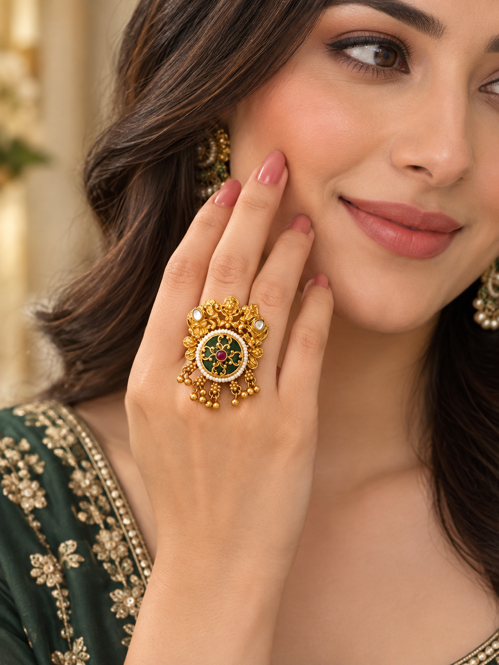Green and gold statement ring with pearl accents