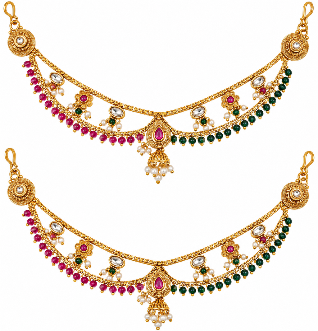 Gold-tone kaan chain with pink green beads and pearl drops
