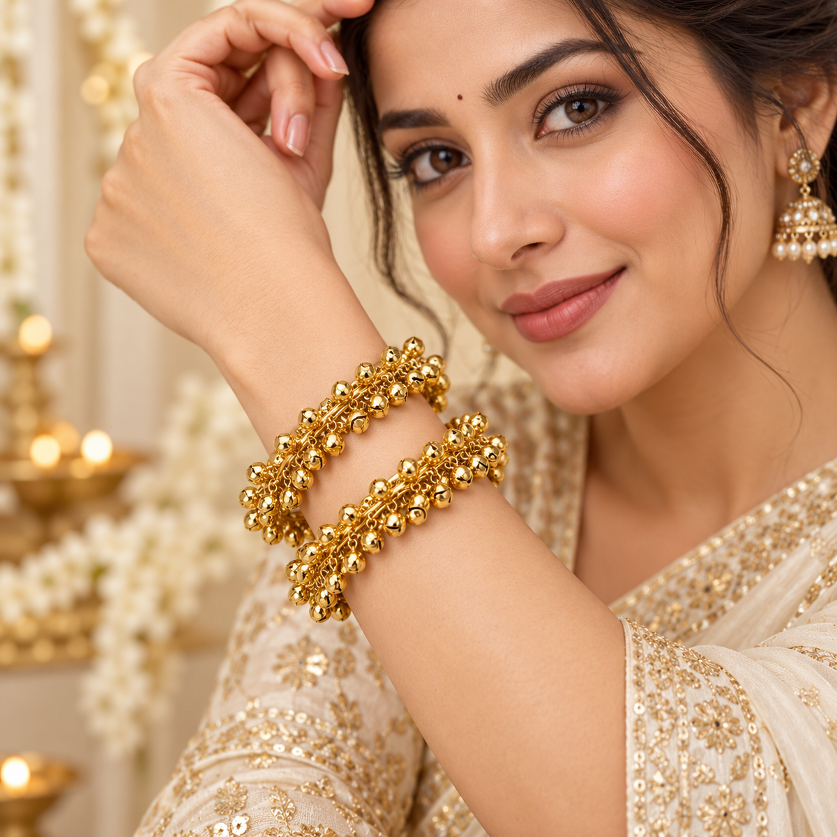 Gold-tone ghungroo bangle with traditional bell charms