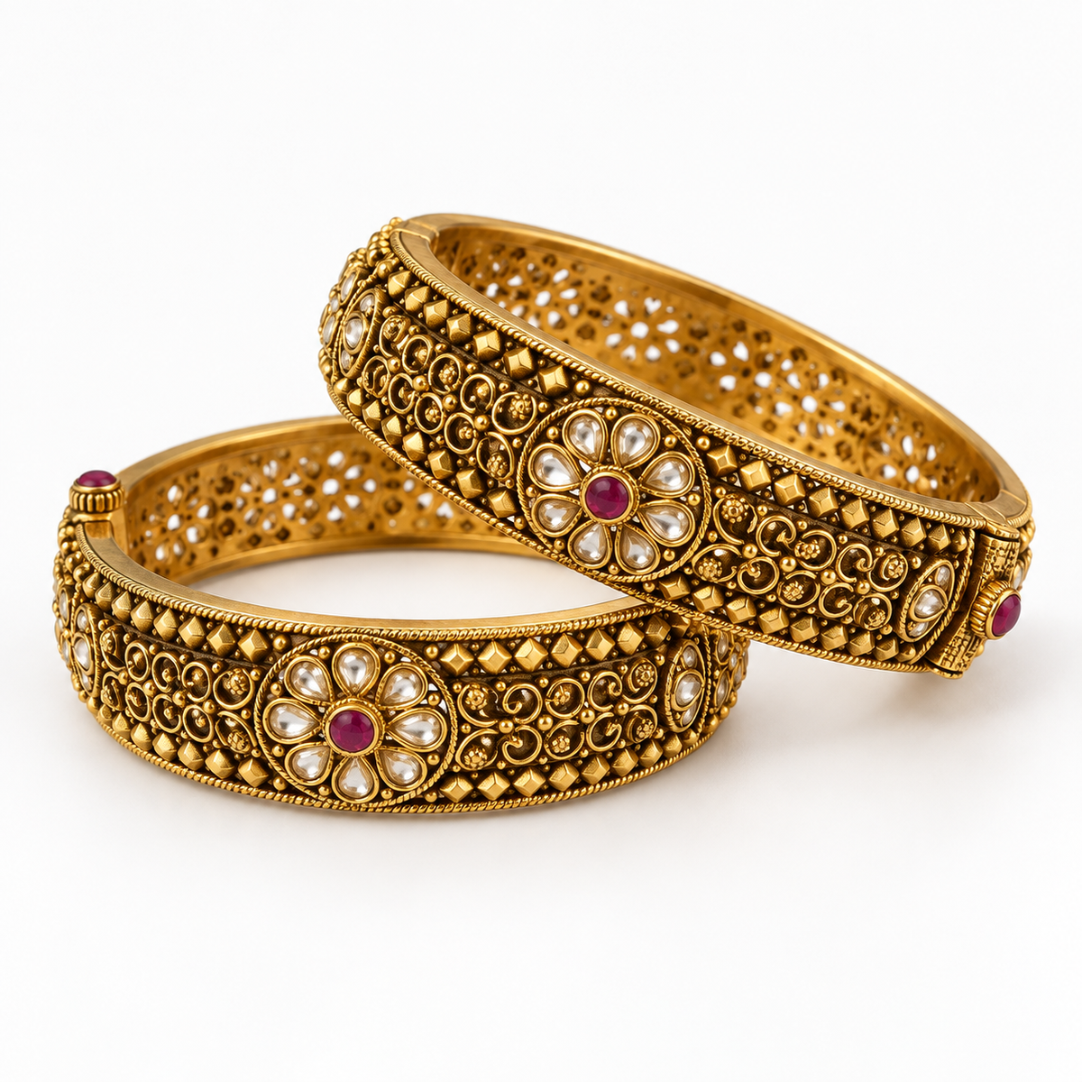 Antique gold floral kada bangles pair size 2.6 close-up
