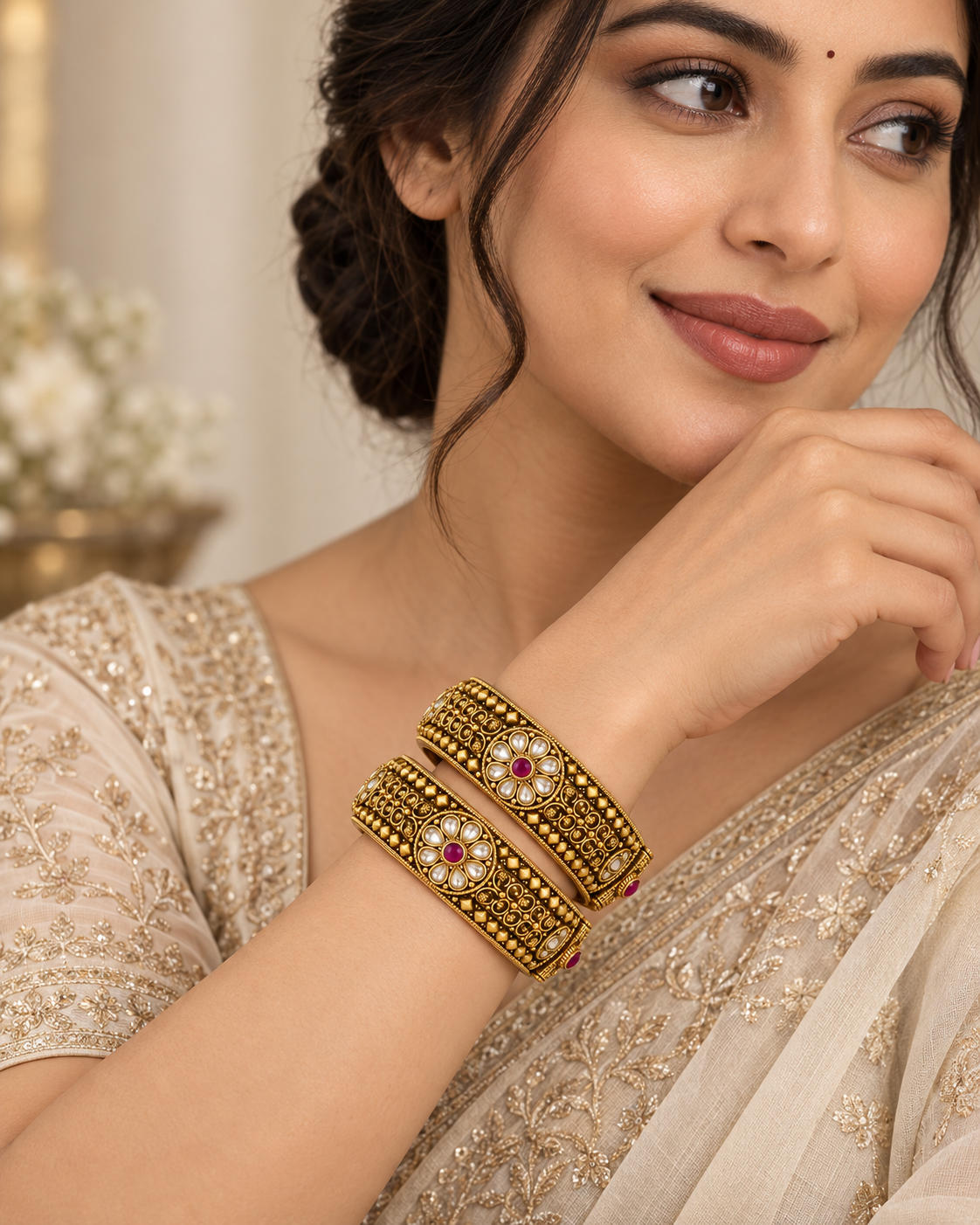 Antique gold floral kada bangles pair size 2.6