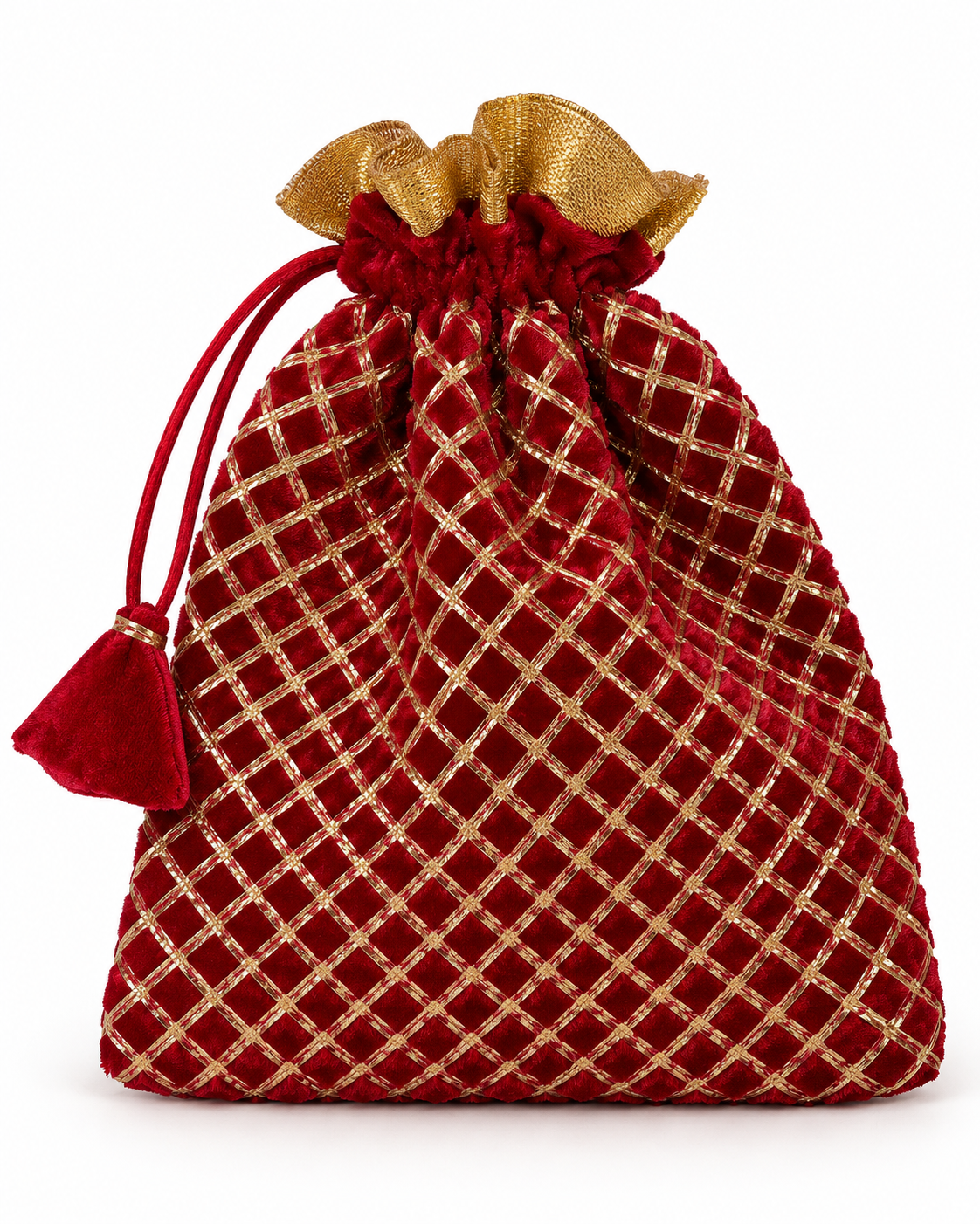 Gold lattice and tassel detail on velvet potli bag