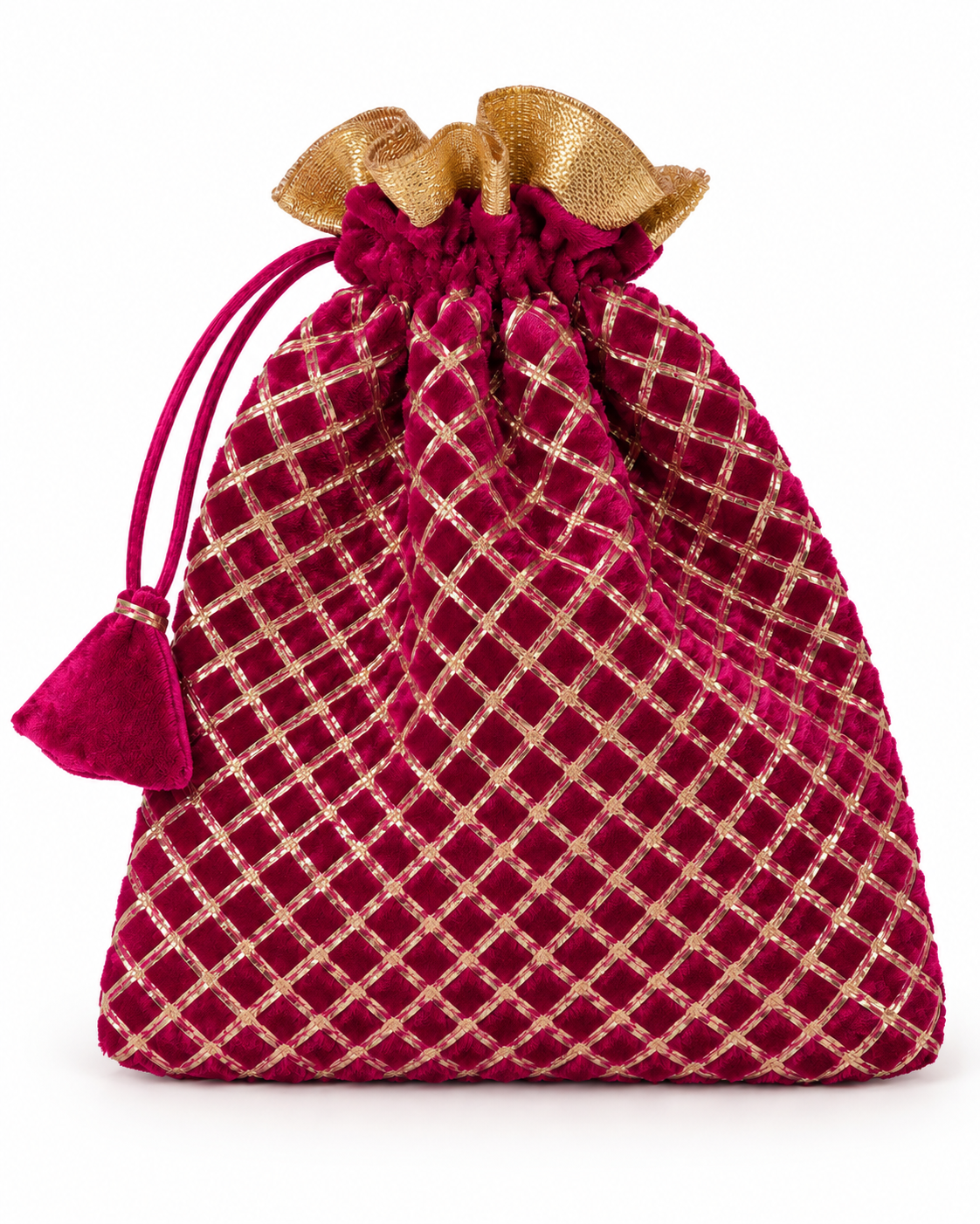 Velvet potli bag side view with decorative trim