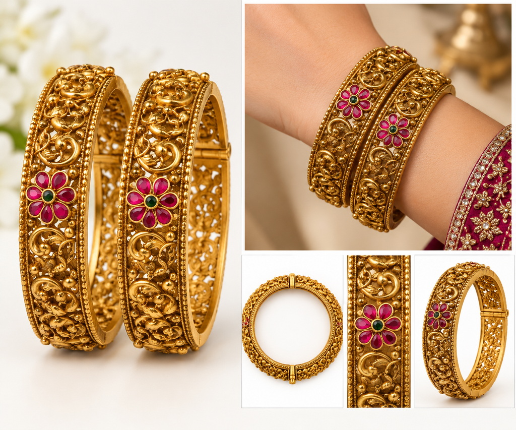 Antique gold floral kada bangles pair
