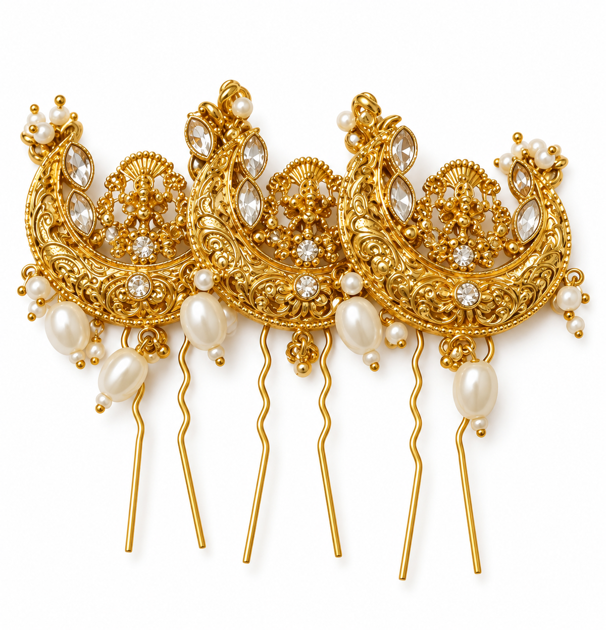 Gold-tone pearl and stone hair pin close-up