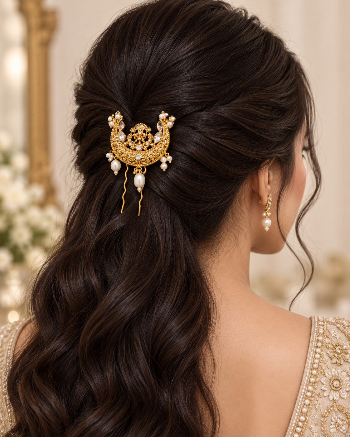 Gold-tone pearl and stone hair pin