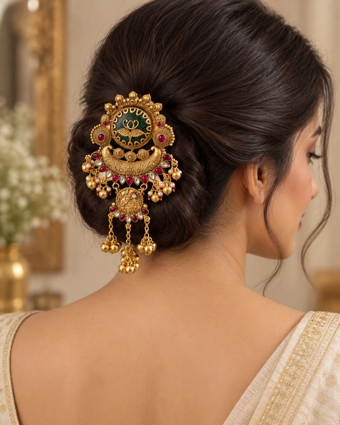 Antique gold bridal hair clip with red stones and ghungroo detail