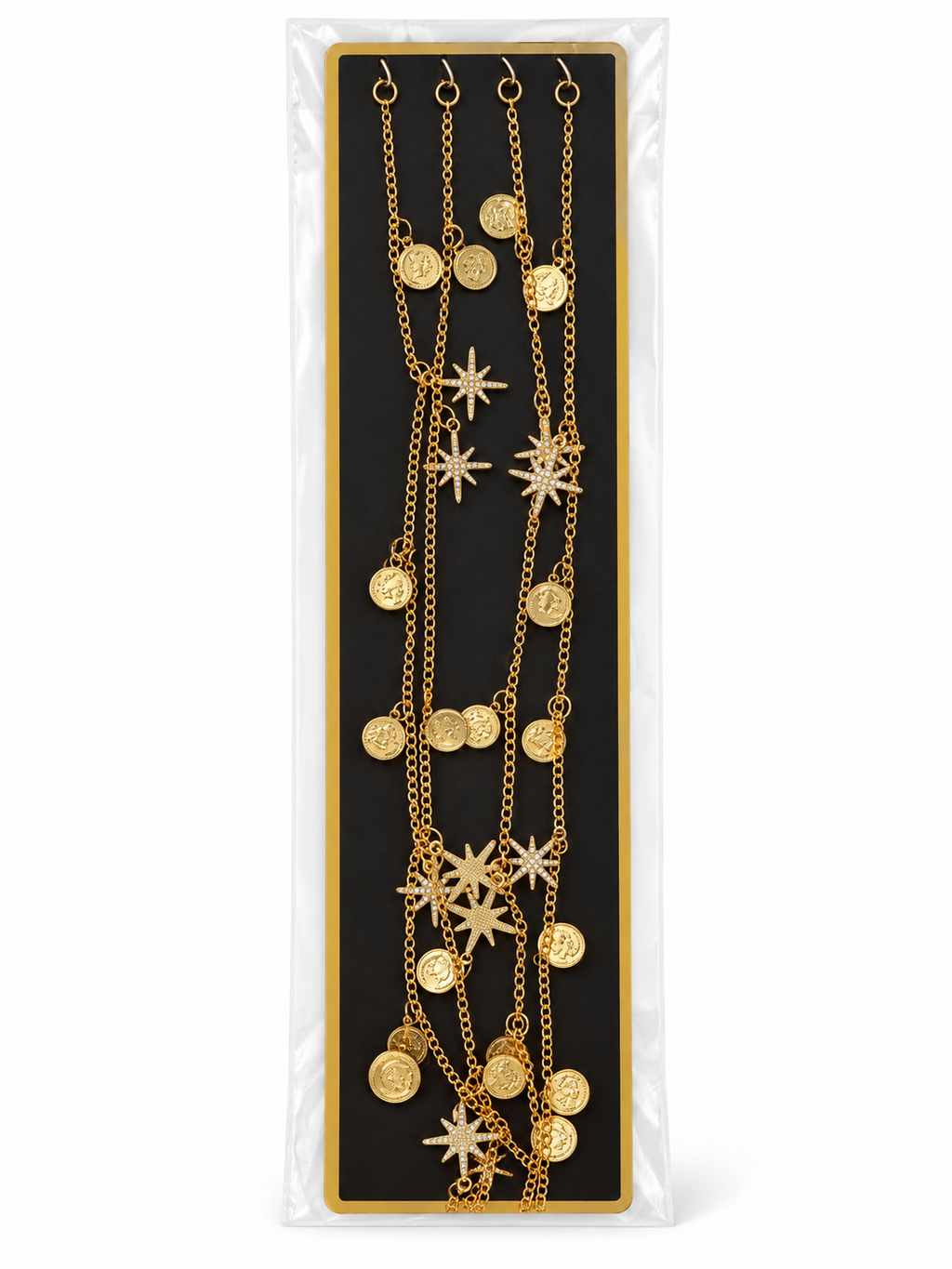 Gold-tone hair chains with coin and star charms detail
