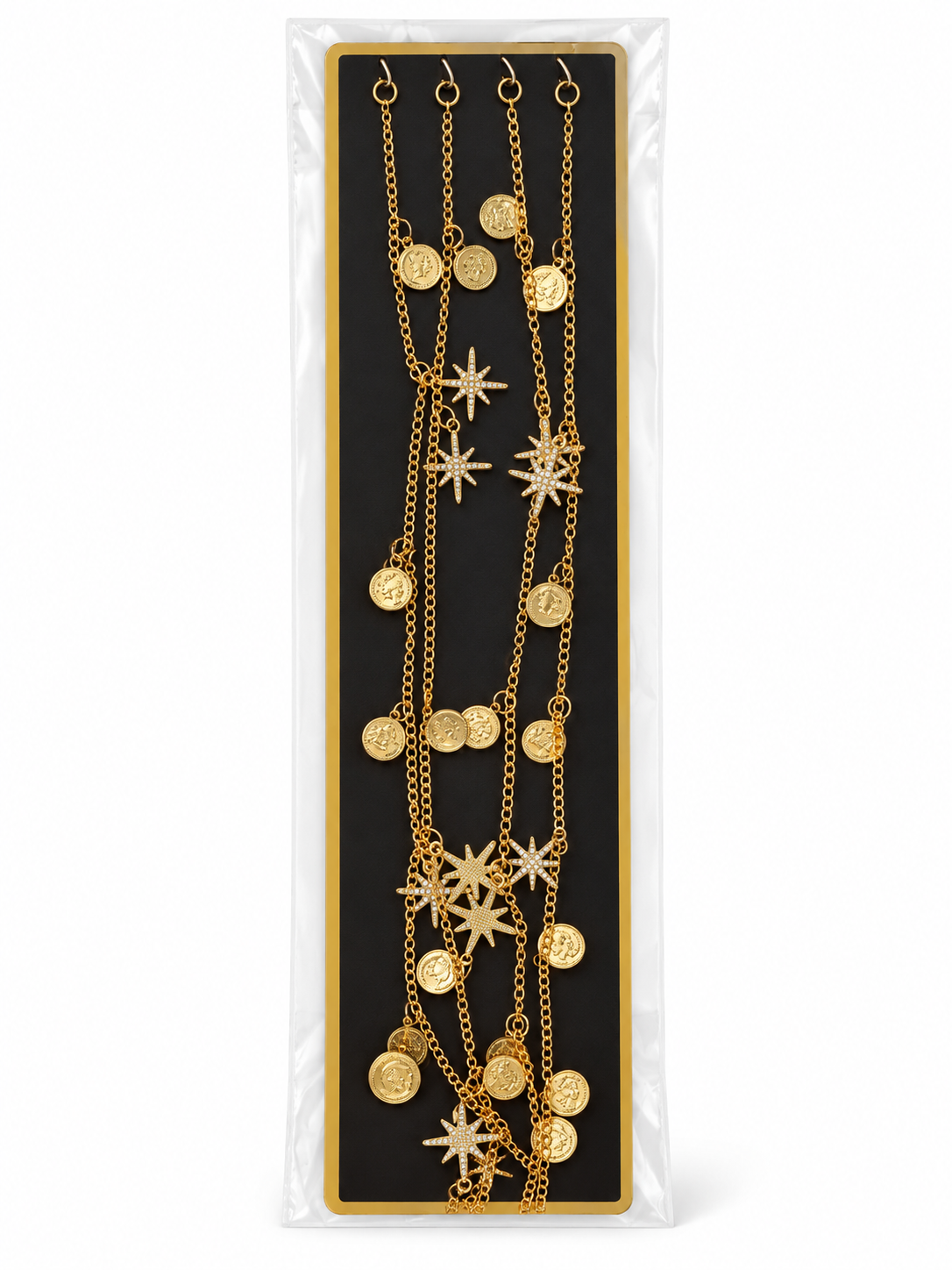 Gold-tone hair chains with coin and star charms detail