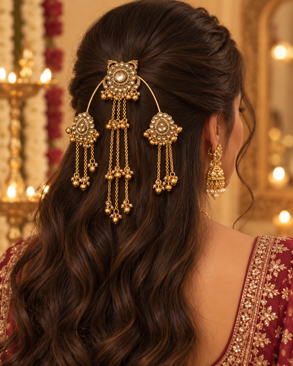 Gold-tone Kundan hair clip with hanging chain tassels close-up