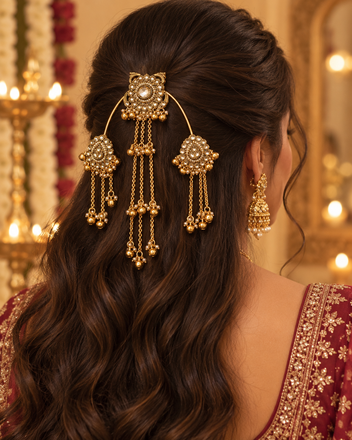 Gold-tone Kundan hair clip with hanging chain tassels close-up