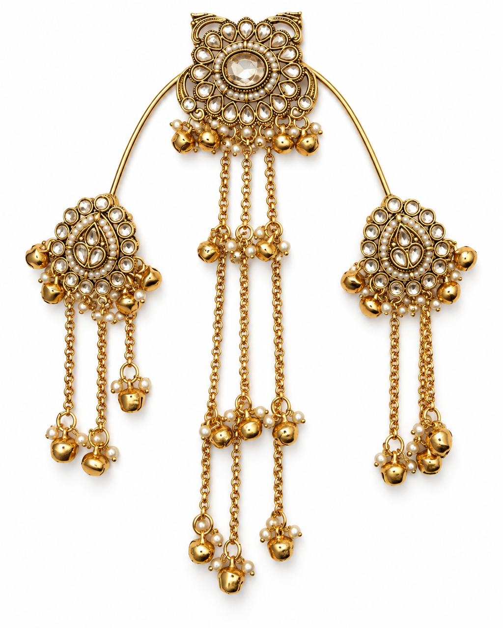 Gold-tone Kundan hair clip with hanging chain tassels