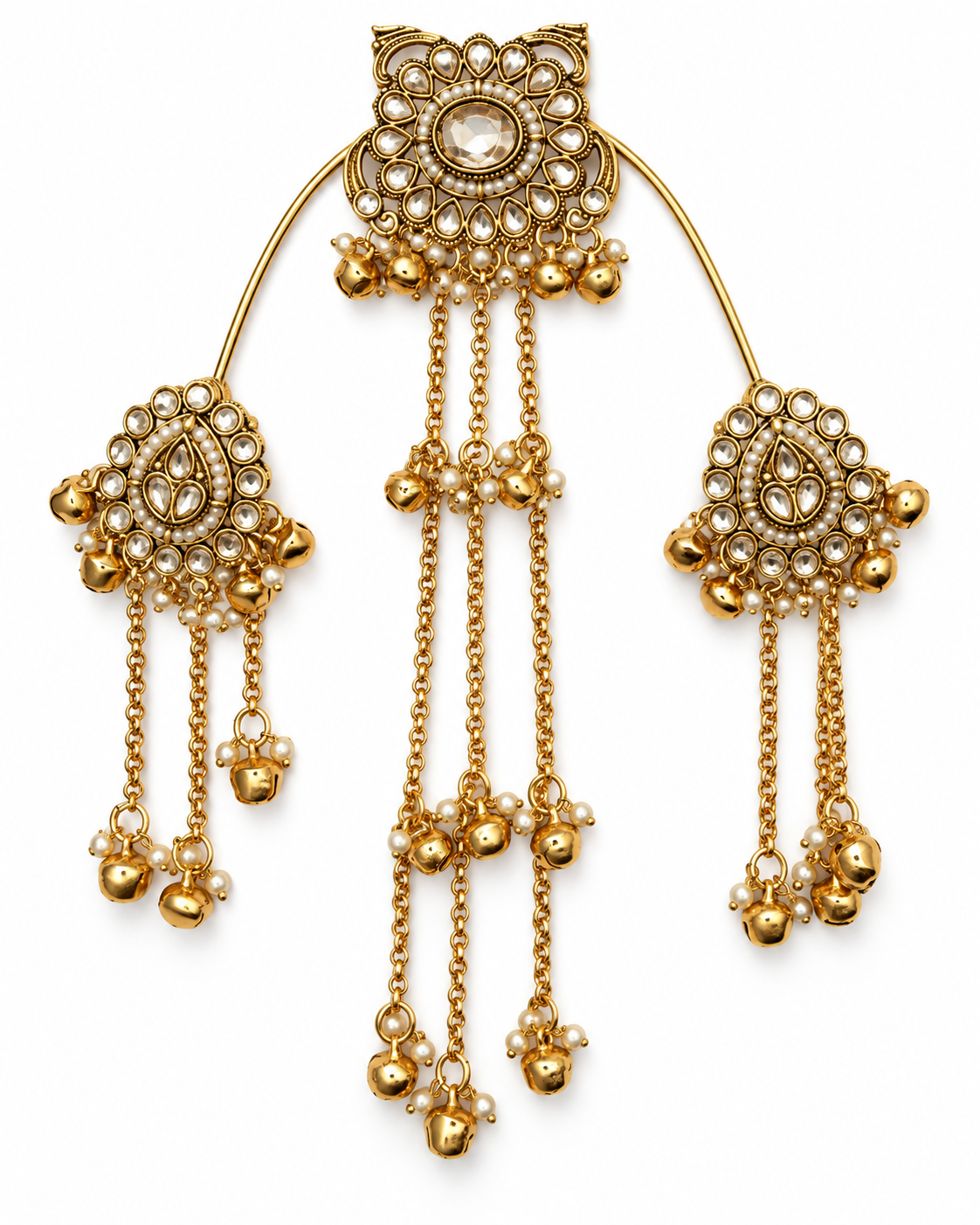 Gold-tone Kundan hair clip with hanging chain tassels