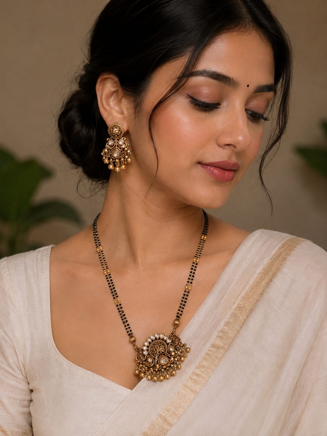 Antique gold-tone mangalsutra set with matching earrings detail