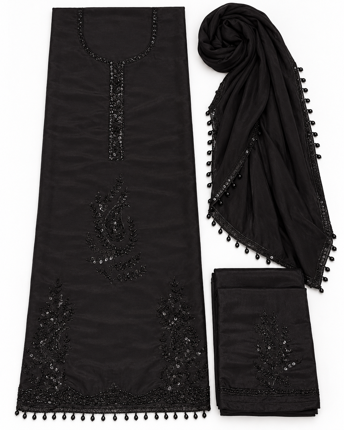 Black embroidered unstitched three-piece suit set