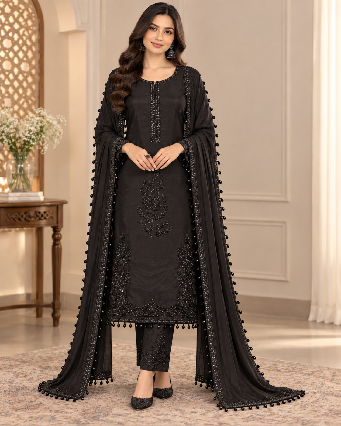 Black unstitched suit set embroidery and sequin detail
