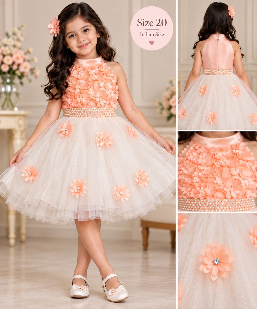 Peach and ivory floral girls party dress layered tulle detail