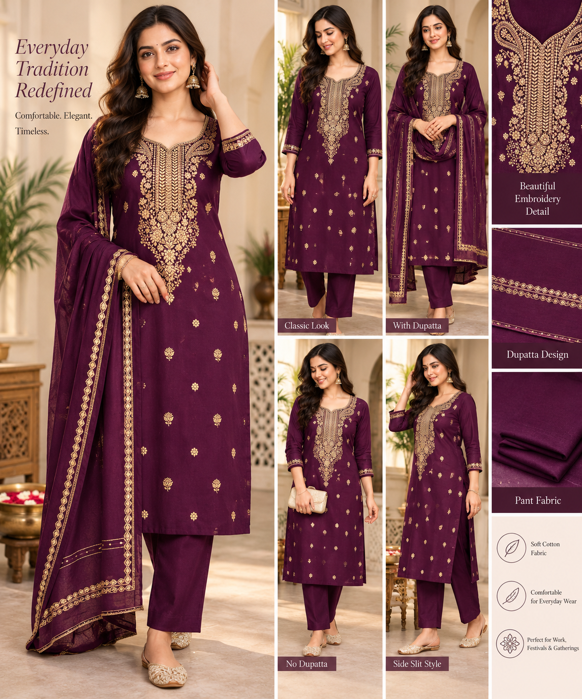 Deep plum and gold unstitched three-piece soft cotton suit