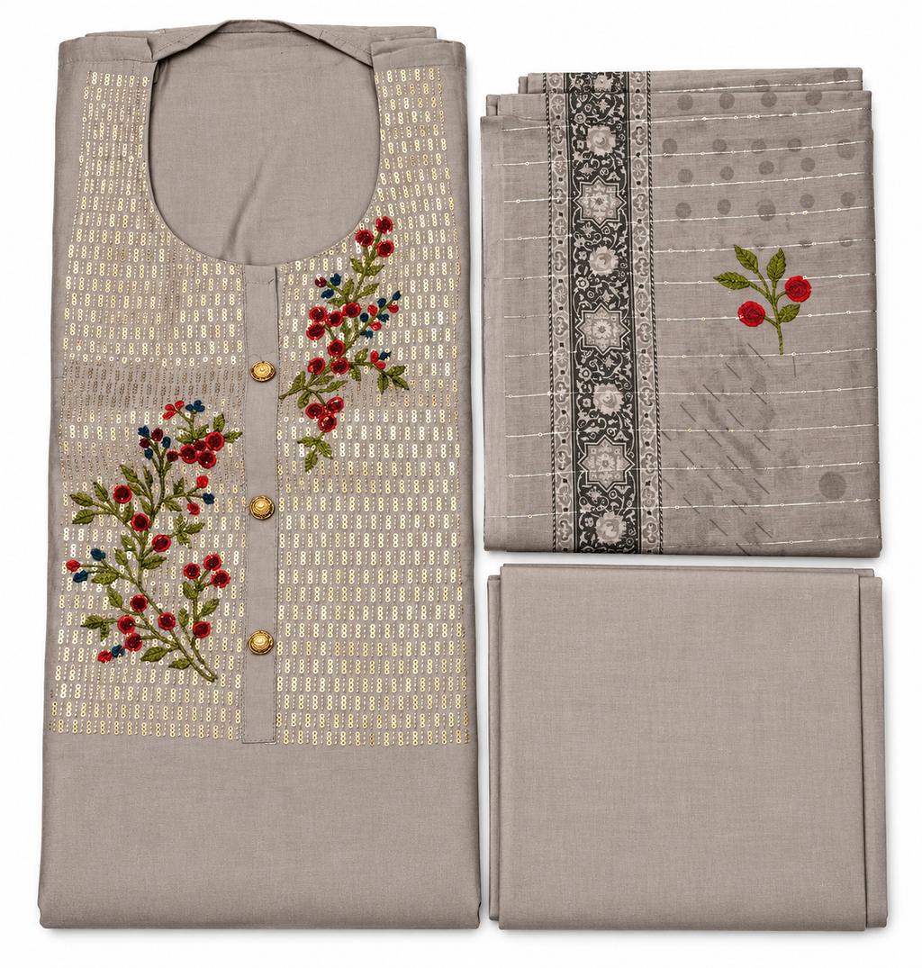 Grey floral embroidered unstitched soft cotton suit fabric detail