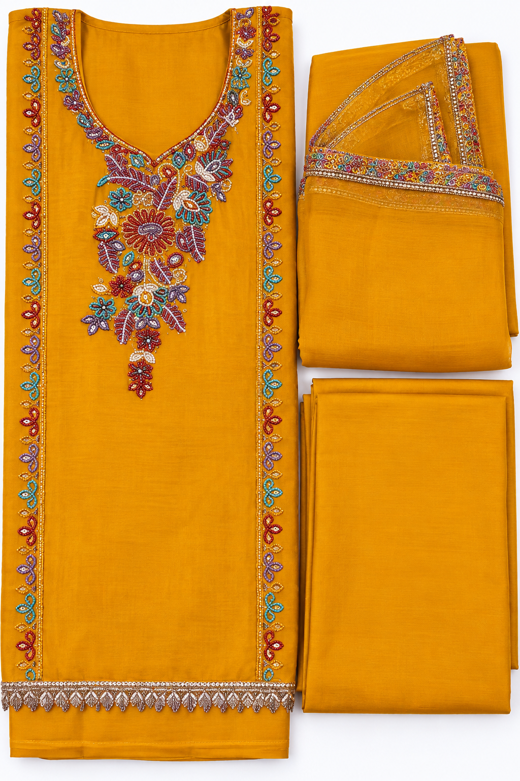 Mustard gold multicolor embroidered unstitched three-piece suit