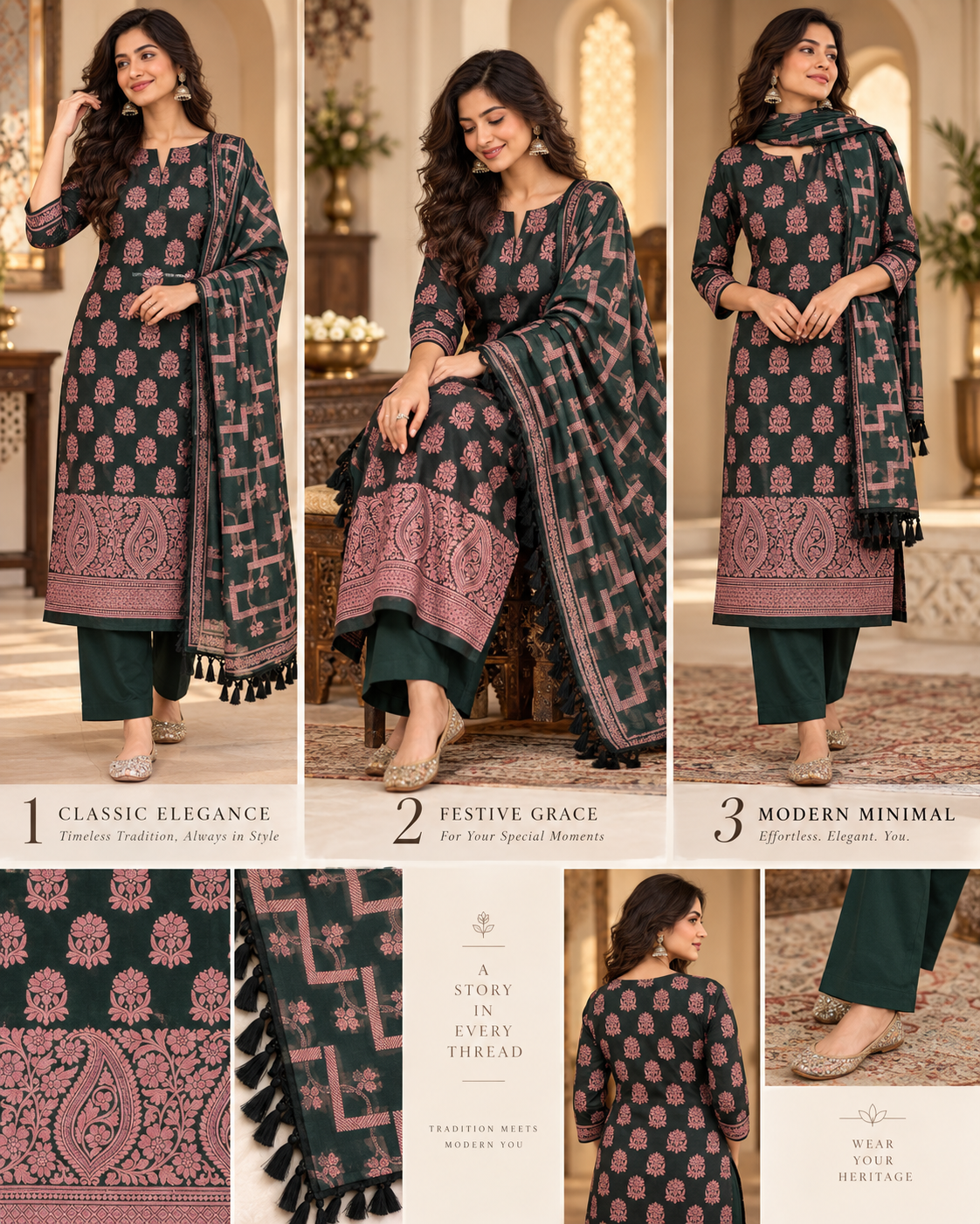 Dark green unstitched suit set with coordinated dupatta detail