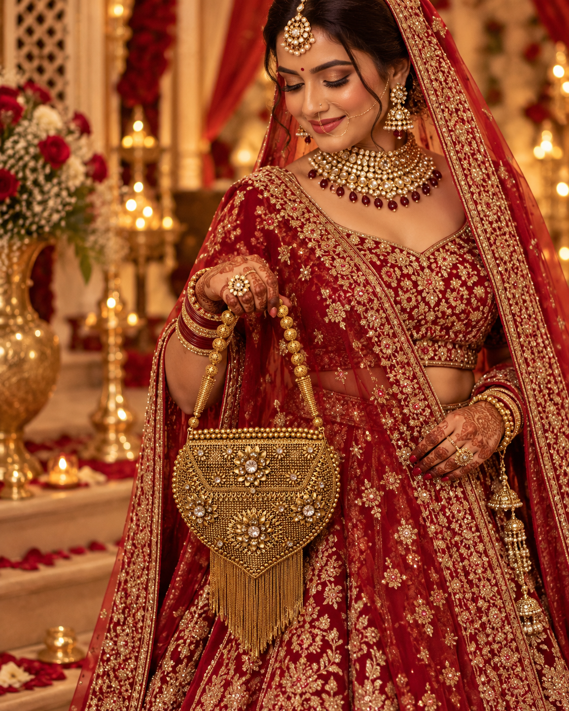 Gold floral statement handbag with crystal details and fringe