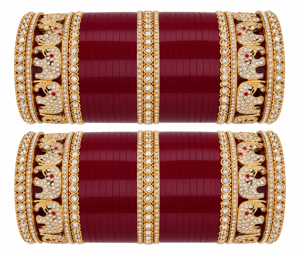 Maroon bridal chooda bangle set with elephant design