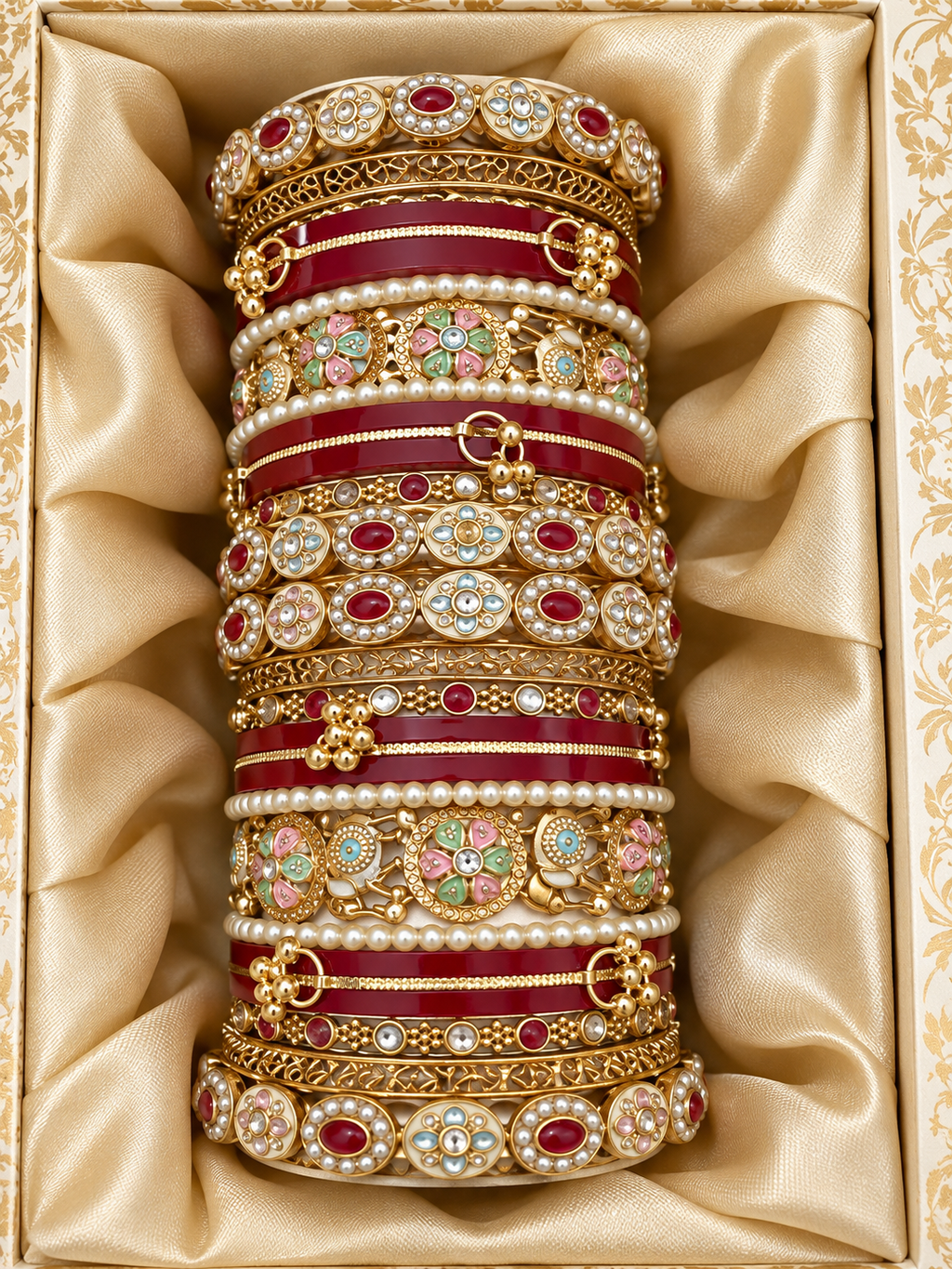 Red and gold bridal chuda bangle set size 2.4 detail