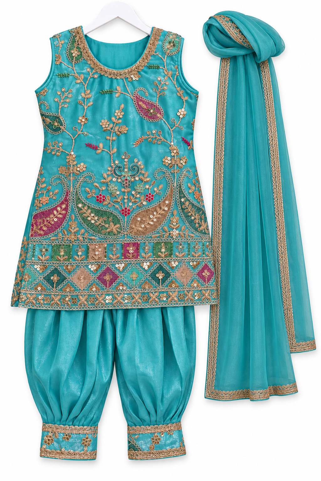 Turquoise embroidered girls Punjabi suit set size 3T alternate view