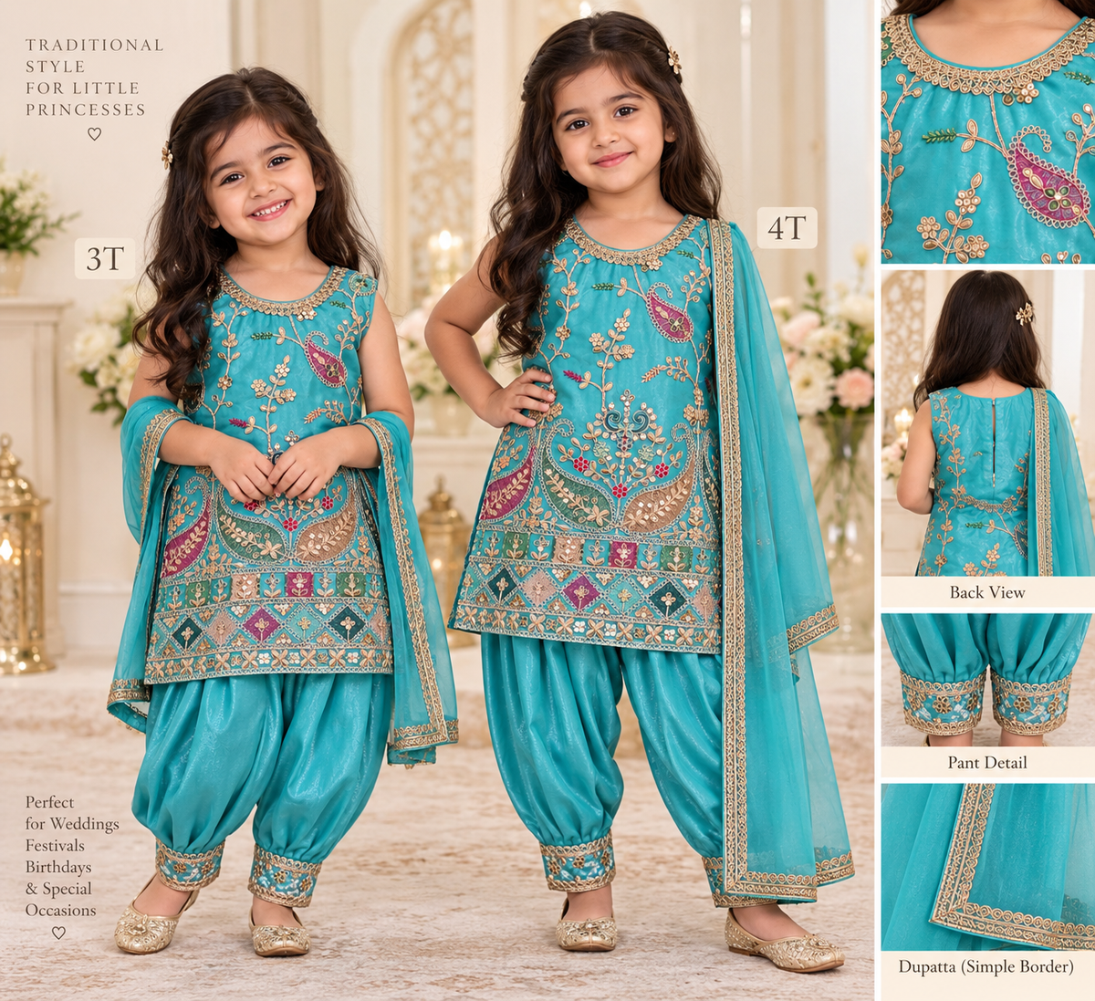 Turquoise embroidered girls three-piece Punjabi suit set size 3T