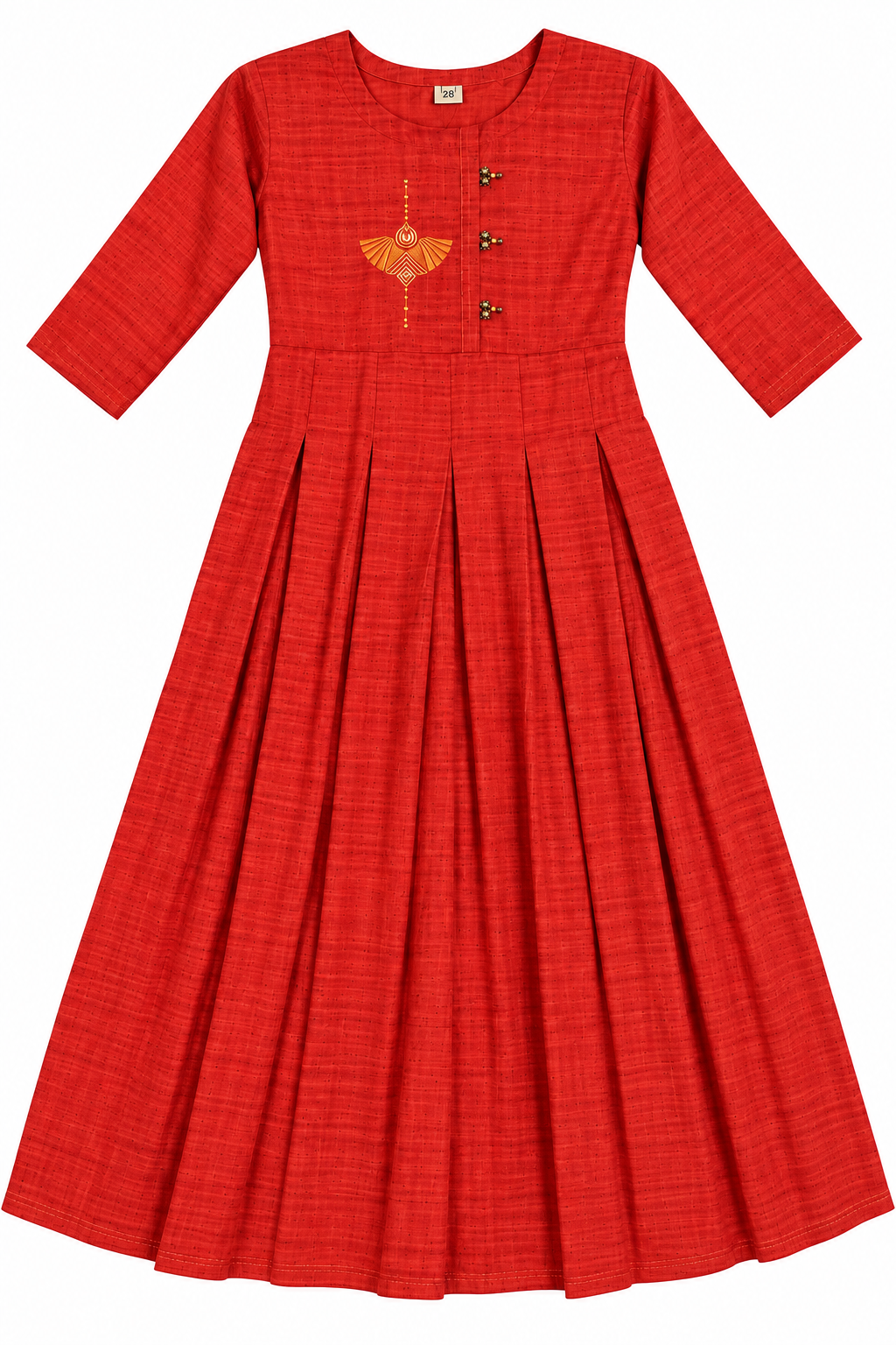 Red pleated embroidered kurta