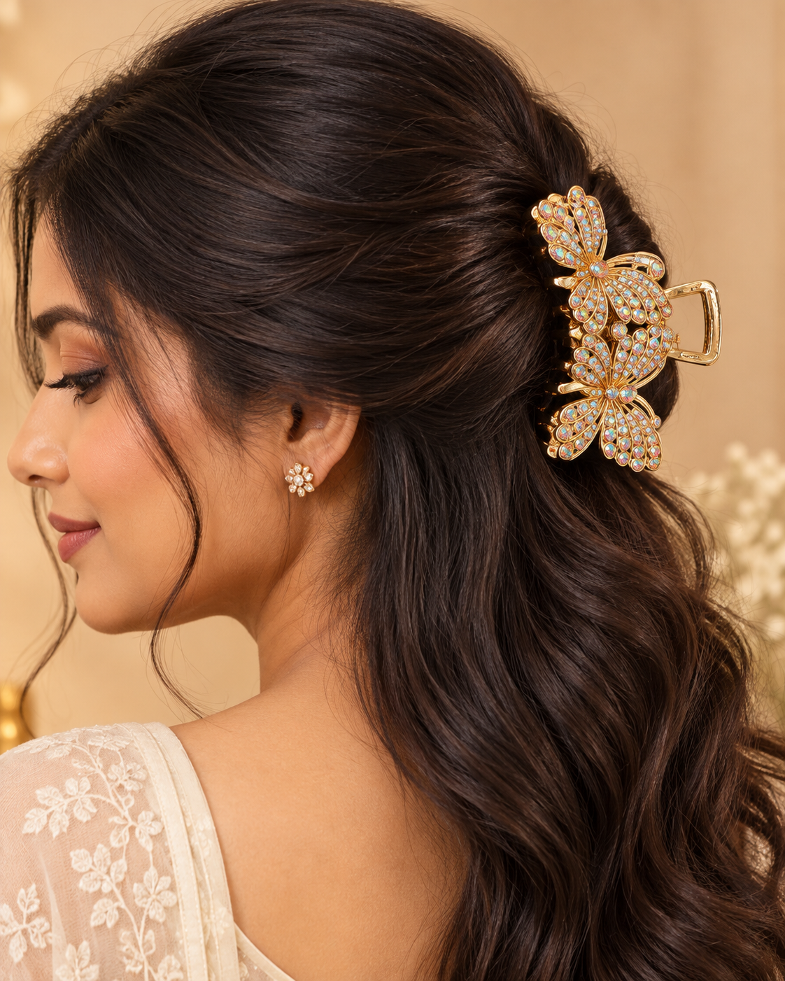 Gold-tone butterfly rhinestone hair claw clip