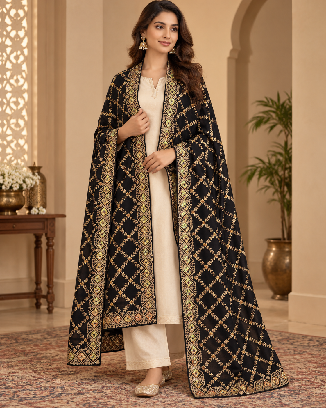 Dark violet velvet dupatta with gold sequin embroidery